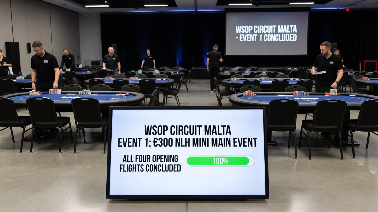 Poker players advancing from WSOP Circuit Malta flights with chip stacks visible on tables