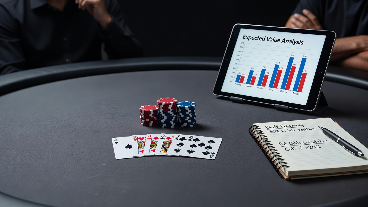 Poker players reviewing hand ranges during a live tournament session